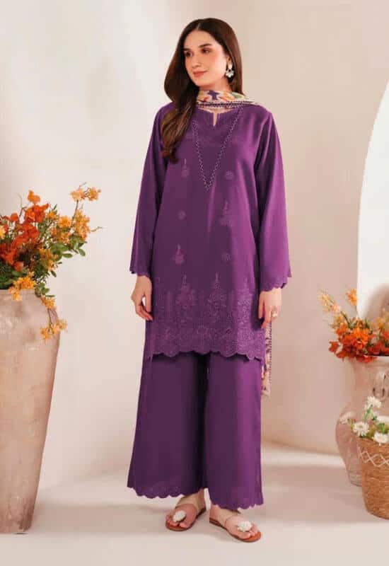 Purple Dhanak 3PC Chikan Kari Embroidered