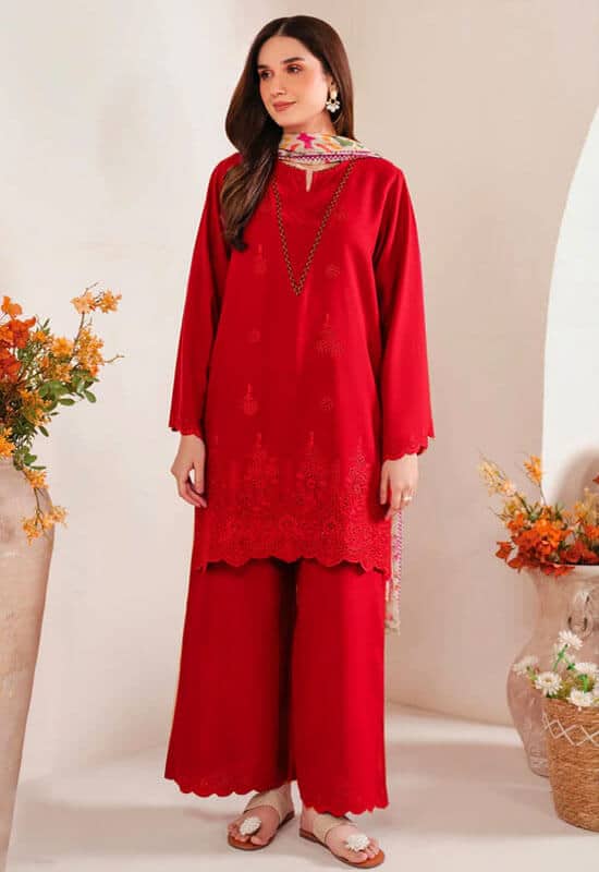 Red Dhanak 3PC Chikan Kari Embroidered